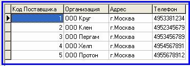 Рис. 3. Таблица «Поставщики», полученная от сервера «Server_Postavshiki.exe»